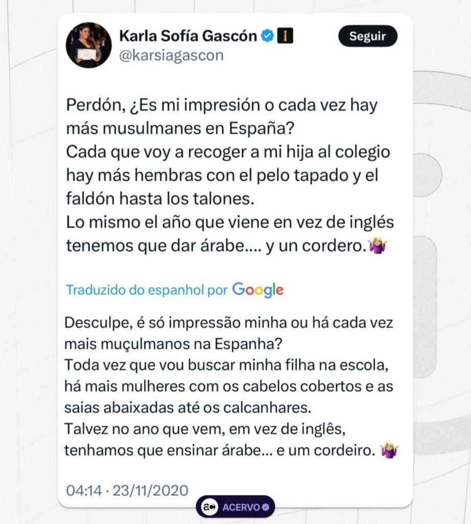 Adversária de Fernanda Torres no Oscar, Karla Sofía Gascón é exposta nas redes sociais atacando o islamismo e a memória de George Floyd