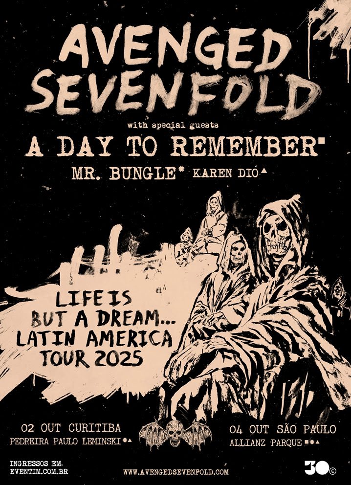 ouco após ser a atração principal do Rock in Rio 2024 diante de 100.000 fãs, e depois de 11 anos sem um show headline no país, o Avenged Sevenfold anuncia a inclusão do Brasil em sua turnê Life Is But A Dream...
